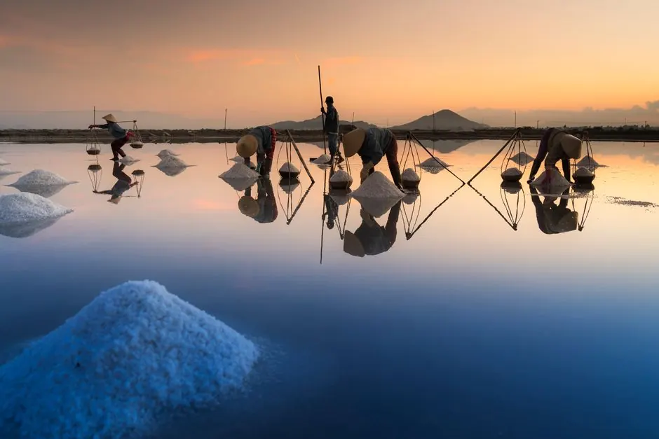Workers harvesting salt at sunrise, reflected in calm water, creating serene silhouettes.